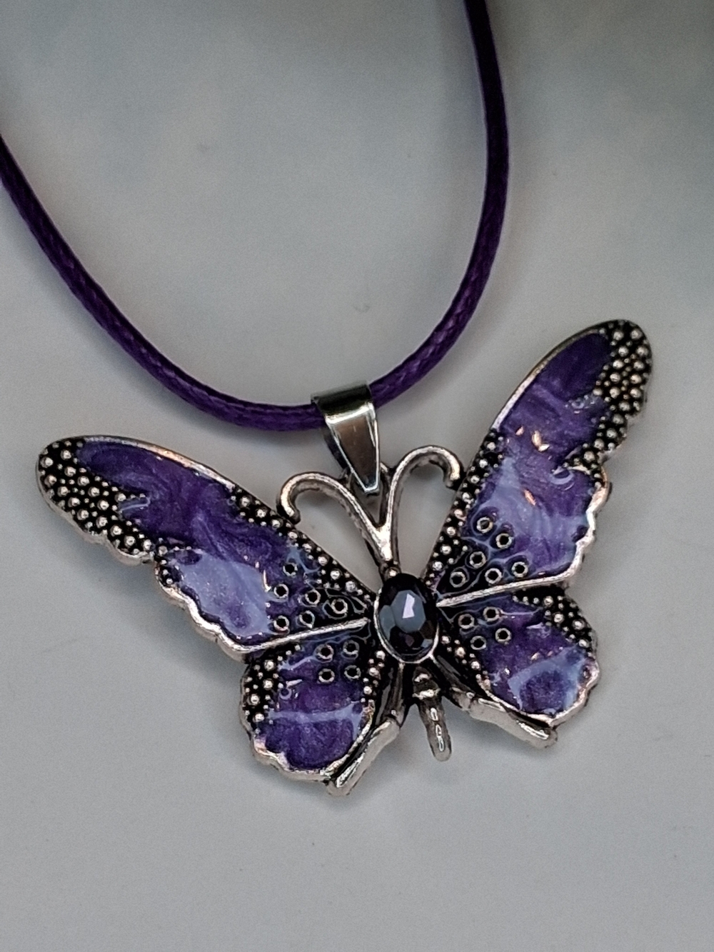 Purple Butterfly Pendant Necklace with Central Rhinestone